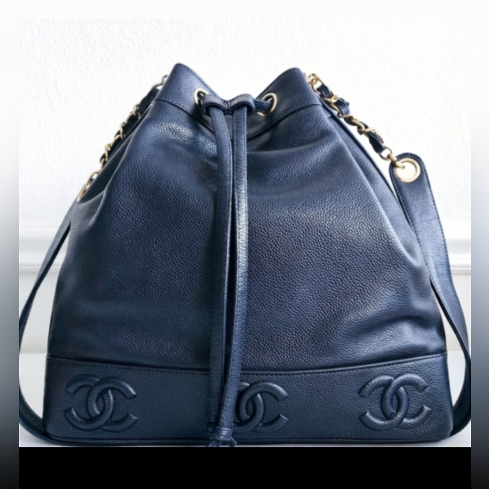Chanel Navy Blue Caviar Triple CC Bucket Bag
